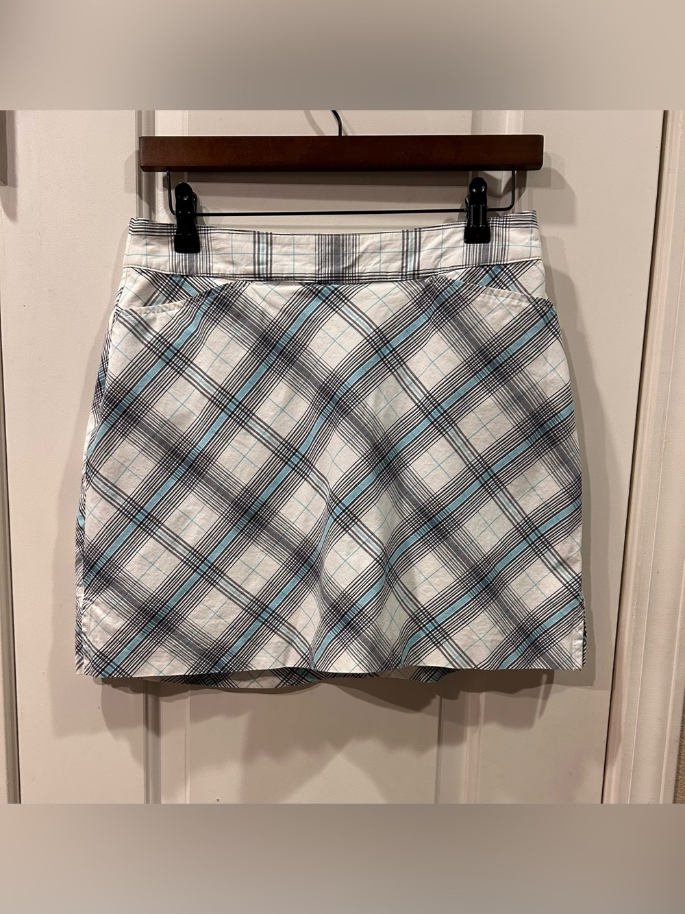 Lady Hagen Plaid Mini Skort Skirt Teal~Black White Preppy Sporty Resort